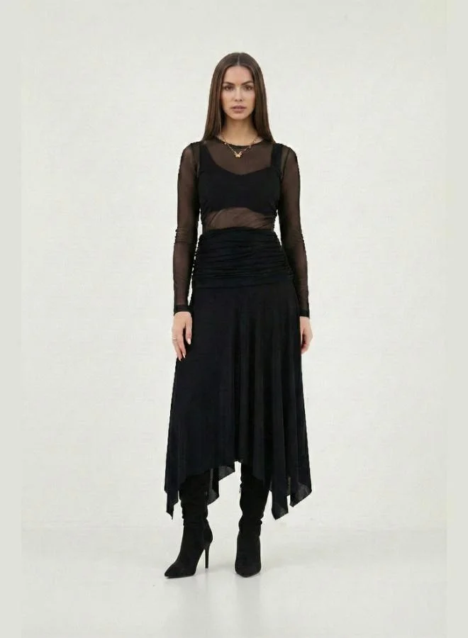 ليلا تنورة ميدي غير متماثلة بتفاصيل درابيه وفتحة للنساء